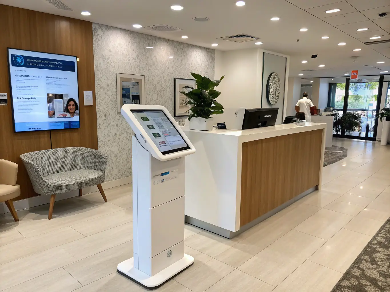 A bright, inviting dental office reception area with modern equipment visible in the background, representing general dentistry services at Kalm Dentistry.
